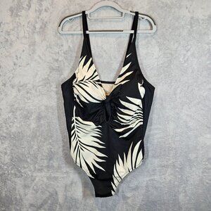 Tropical Palm Print Women's 20W Black White One-Piece Swimsuit Adjustable Straps